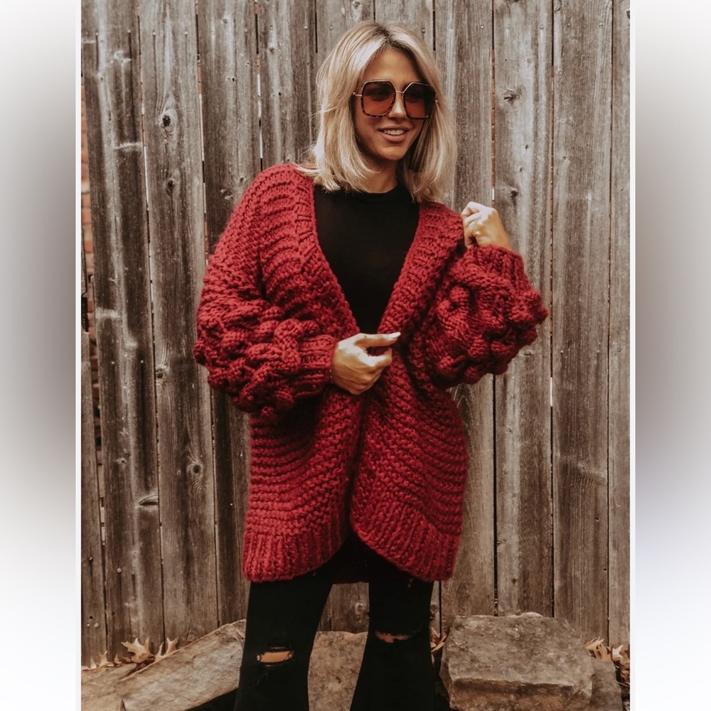 Nasty Gal Red Pom Pom Red Chunky Knit Open Front Cardigan Medium